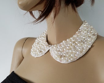 beaded peter pan collar with creamy white beads clear crystal beads rhinestones round collar detachable dress collar removable wedding gift