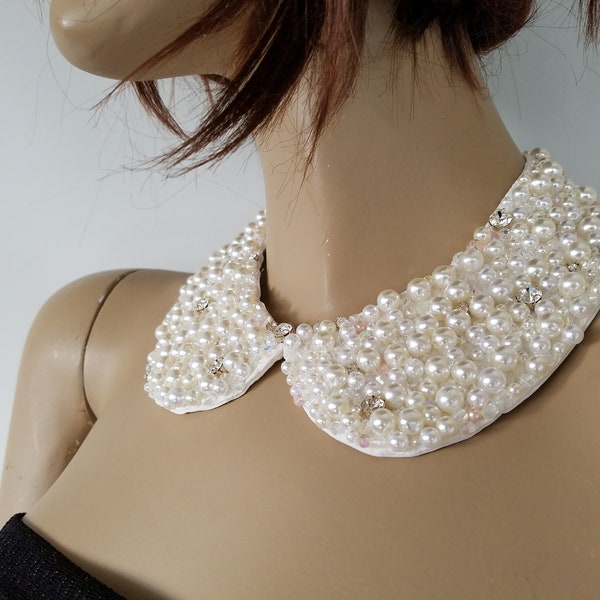 beaded peter pan collar with creamy white beads clear crystal beads rhinestones round collar detachable dress collar removable wedding gift