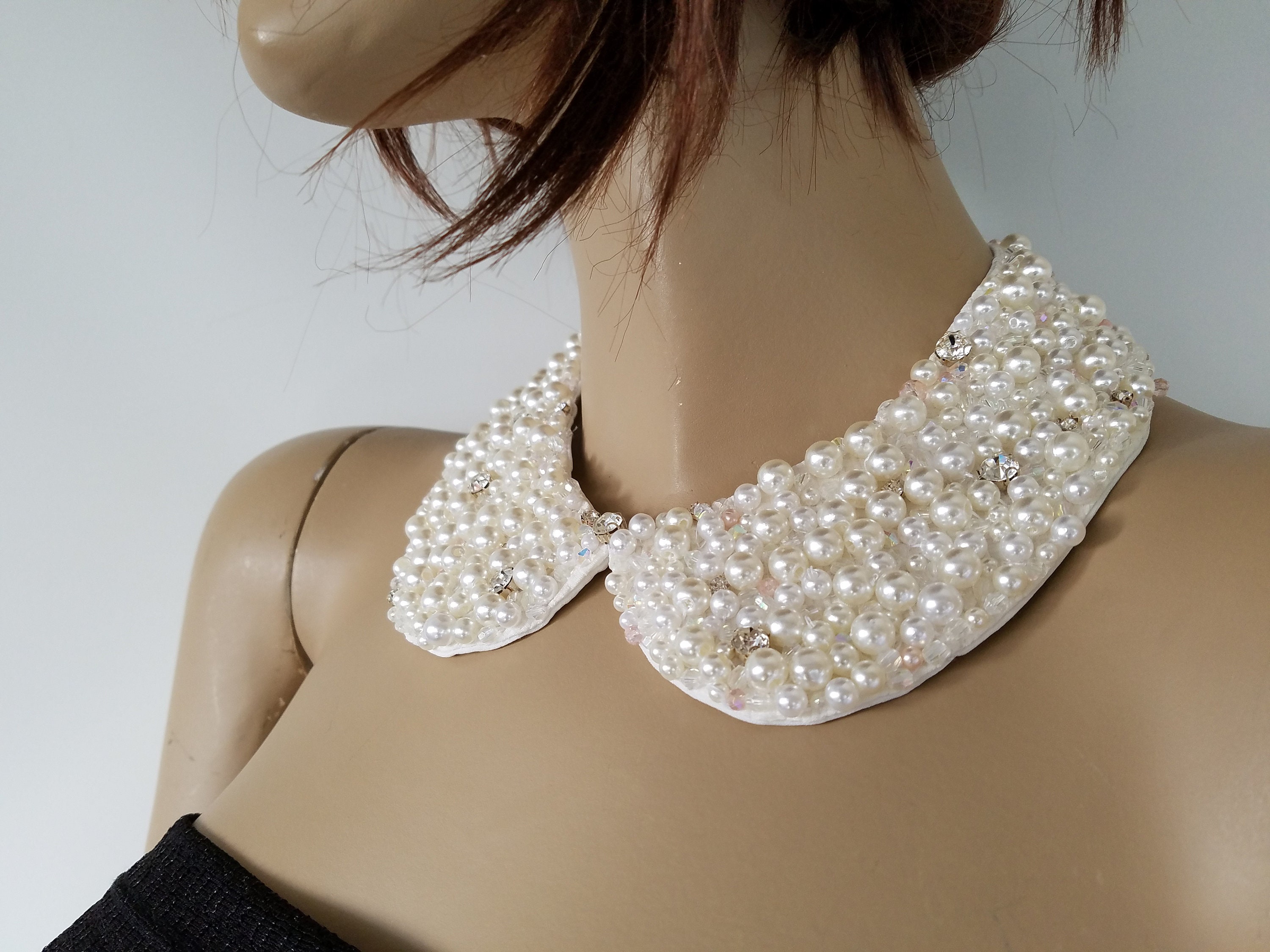 beaded peter pan collar with creamy White beads clear crystal beads rhinestones round collar detachable dress collar removable wedding gift