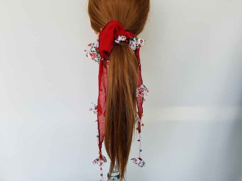 Boho Hairstyle Beaded Long Tail Chiffon Scarf Scrunchie Hair Tie Ponytail Holder Braided Hair Ties Colorful Wood Beads /& Fabric Flowers