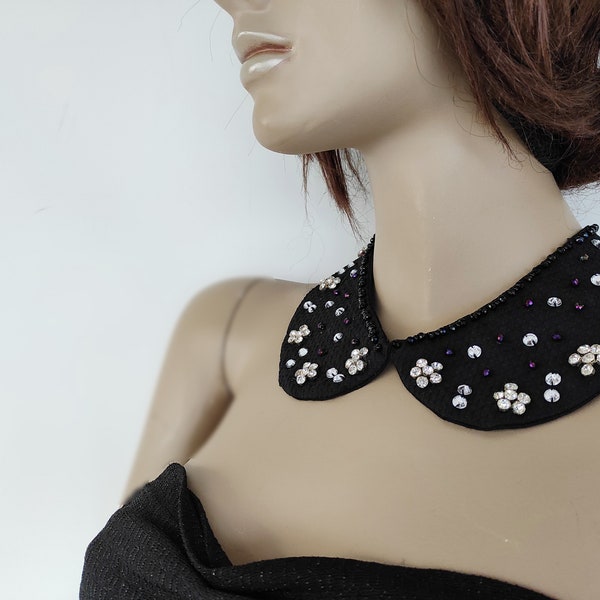 Clear Crystal Rhinestone Bead Embroidery Peter Pan Collar, Removable Dress Collar / Embellished Peter Pan Necklace, Festive Accessories