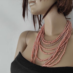 Multi Strand Pearl and Crystal Bead Necklace in Powder Pink Color / Mother&#39;s Day