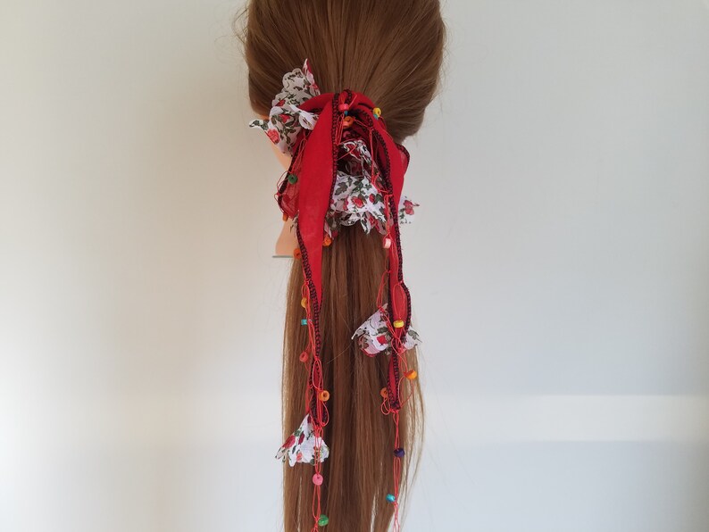 Boho Hairstyle Beaded Long Tail Chiffon Scarf Scrunchie Hair Tie Ponytail Holder Braided Hair Ties Colorful Wood Beads /& Fabric Flowers