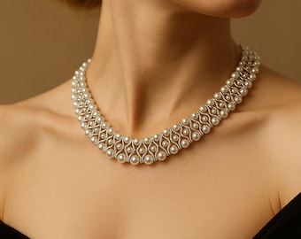Bridal Pearl Choker Necklace: Silver Wedding Jewelry, Handmade