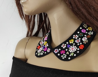 Bead Embroidery Peter Pan Collar Faux Rhinestone Flowers and Colorful Seed Bead Flowers, Embroidered Collar, Faux Collar, Detachable Collar