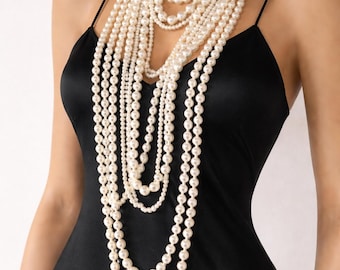 Multi Strand Pearl Statement Necklace: 11 Layer Ivory Pearl Long Boho Luxury Jewelry