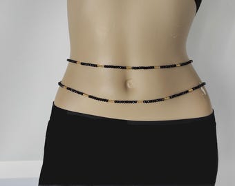 Black Crystal Waist Beads: Gold Accent Belly Chain, Adjustable Clasp