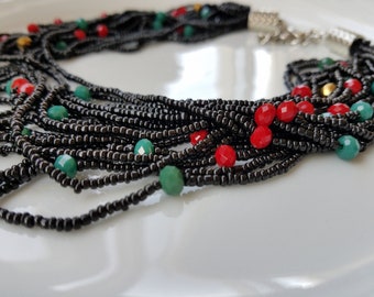Multi Strand Christmas Necklace, Multi Bead Jewelry, Black Jewelry, Statement Bib Necklace, Seed Bead Necklace, Multi Layer Necklace