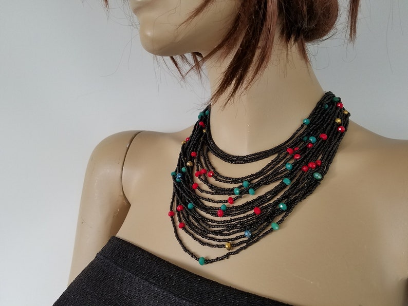 Multi Strand Kerstketting, Multi Bead Sieraden, Zwarte Sieraden, Statement Bib Ketting, Seed Bead Ketting, Multi Layer Ketting afbeelding 8