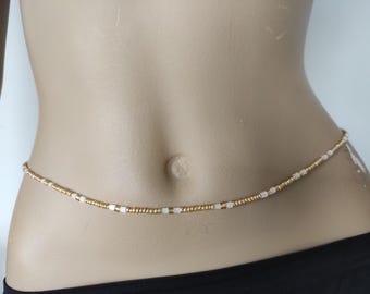 Adjustable Pearlescent Glass Pearl Waist Beads: Gold Beaded Belly Chain