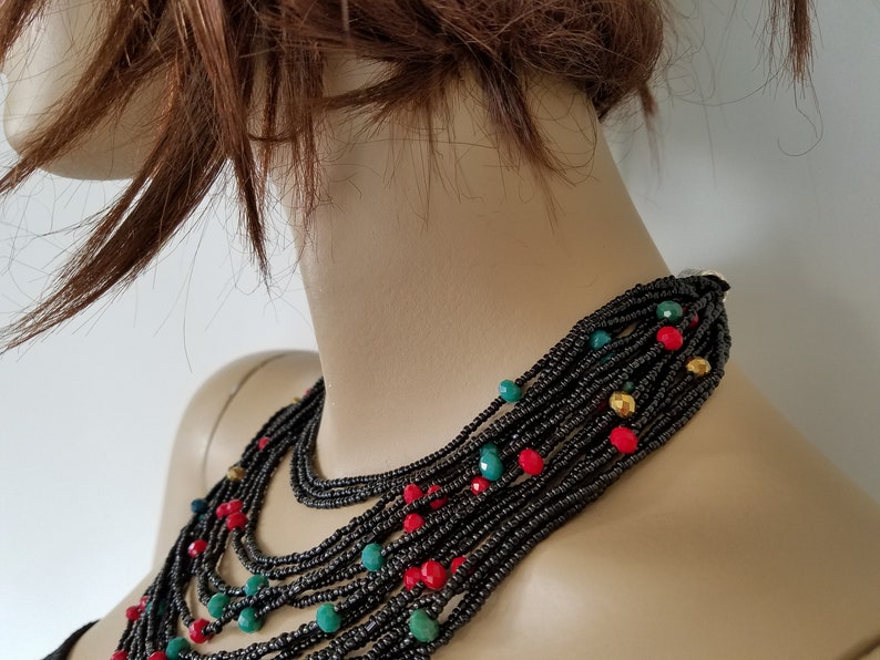 Multi Strand Kerstketting, Multi Bead Sieraden, Zwarte Sieraden, Statement Bib Ketting, Seed Bead Ketting, Multi Layer Ketting afbeelding 6