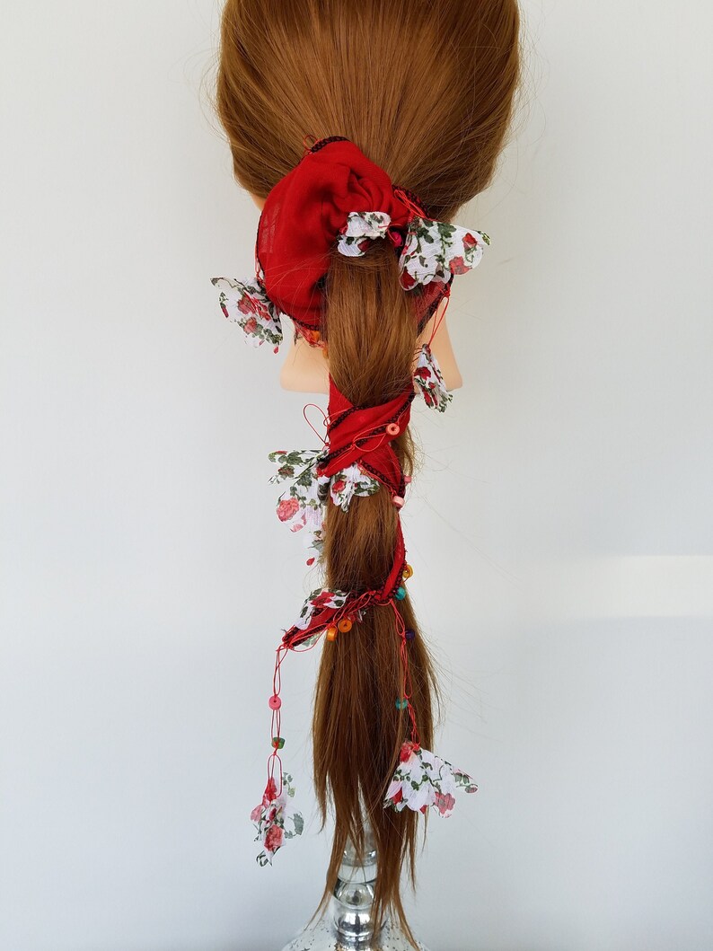 Boho Hairstyle Beaded Long Tail Chiffon Scarf Scrunchie Hair Tie Ponytail Holder Braided Hair Ties Colorful Wood Beads /& Fabric Flowers