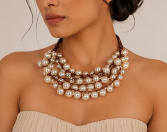 Layered Pearl Crochet Bib Necklace, Boho Pearl Statement Collar, Beach Wedding Jewelry