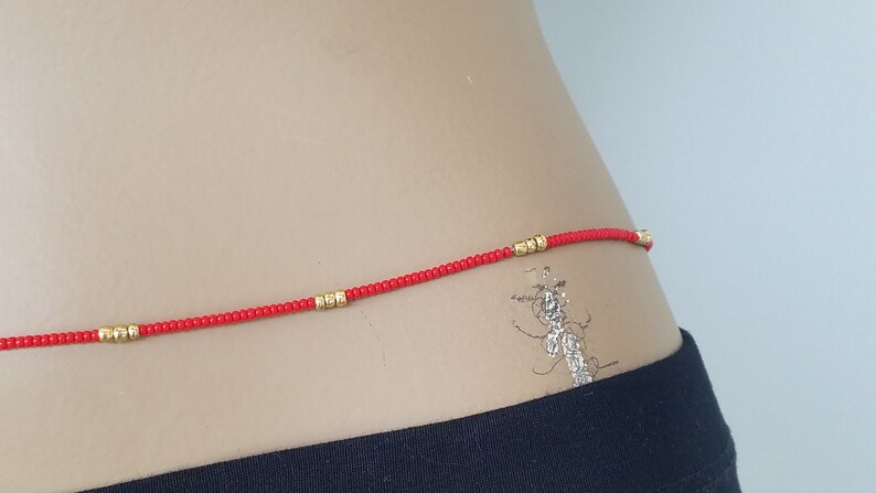 Body Jewelry Gift African Waist Beads Red /& Gold Belly Chain Handmade to Order with Clasp Beaded Waist Chain Belly Beads Adjustable