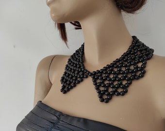 Black Faux Pearl Peter Pan Collar Necklace – Statement Beaded Collar Jewelry