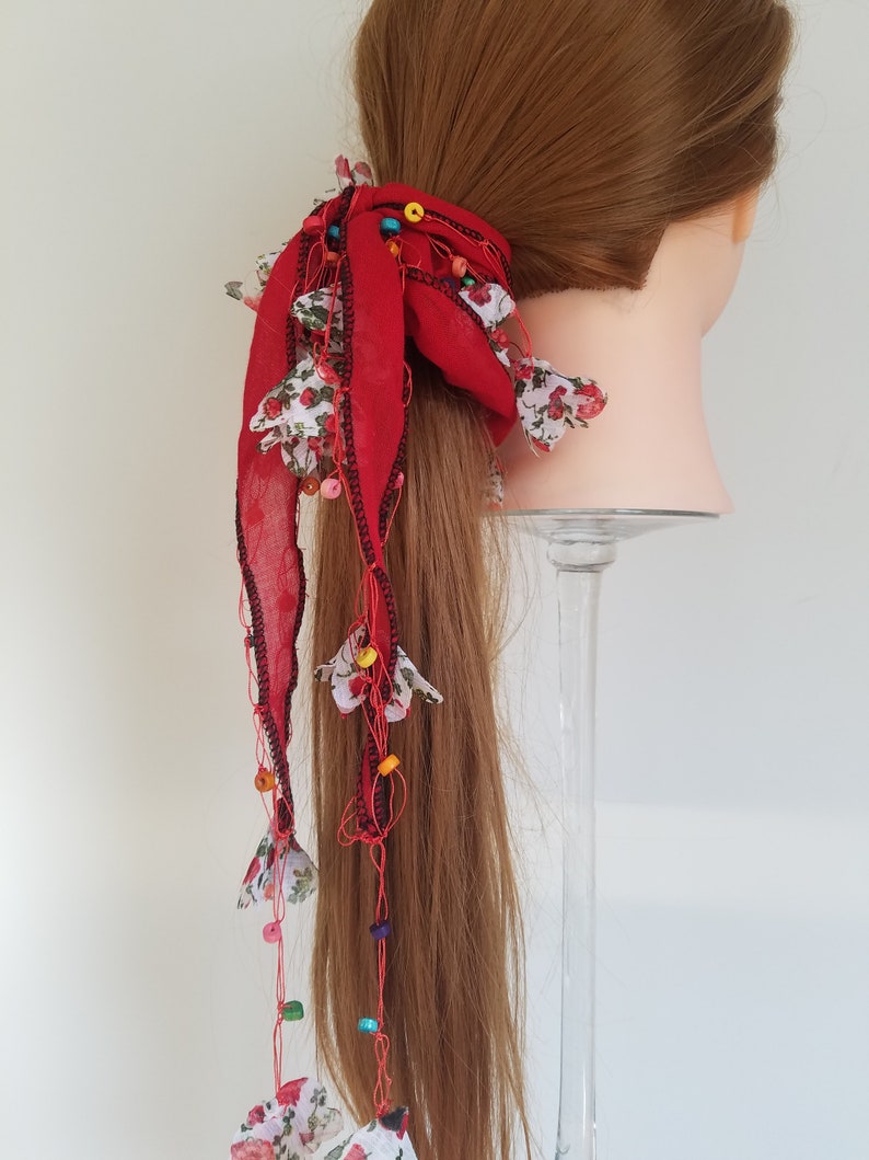 Boho Hairstyle Beaded Long Tail Chiffon Scarf Scrunchie Hair Tie Ponytail Holder Braided Hair Ties Colorful Wood Beads /& Fabric Flowers