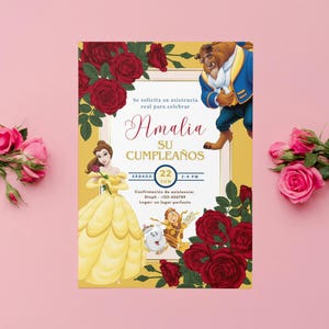 Invitación de cumpleaños La Bella y la Bestia, Fiesta Princesa Bella y la Bestia, Be Our Guest, Editable en Pro Canva, Digital para imprimir