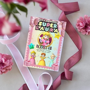 Mario Bros Prinzessin Party Einladung Prinzessin Peach Geburtstag einladen Canva Vorlage Digitaler Download