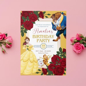 Invito di compleanno per principessa La bella e la bestia Festa a tema Belle Modello modificabile Pro Canva Download digitale Sii nostro ospite