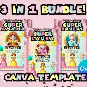 Pacote de convites para festa da princesa Mario Bros Daisy, Peach e Rosalina Convite de aniversário 3 em 1 Modelo Canva Download digital