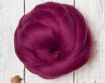 Ethical Merino 4 oz, 23 micron, Combed Wool Top Roving Fiber for Felting, Nuno, Weaving, Spinning, from Non-mulesed sheep, Crushed Berry