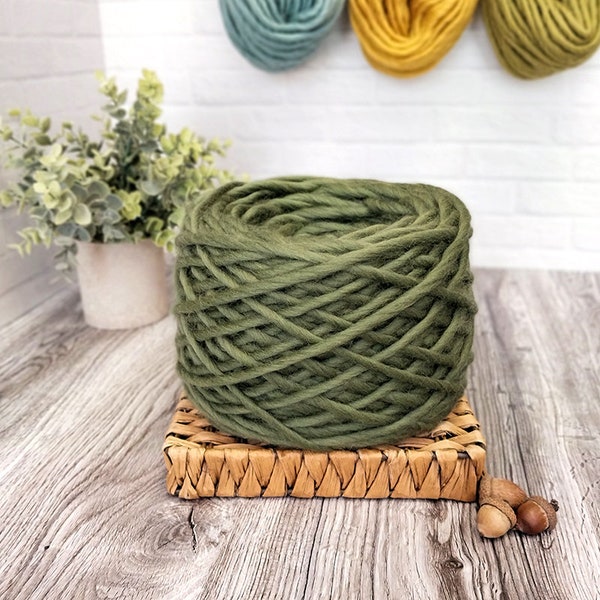 Super Bulky Ethical 7oz/ 140 yards Merino Wool Art Yarn, Pencil Roving, Felting, Knitting, Weaving, Spinning, Tapestry, Single Ply, Olive