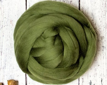 Ethical Merino 4 oz, 23 micron, Combed Wool Top Roving Fiber for Felting, Nuno, Weaving, Spinning, from Non-mulesed sheep, green, Olive