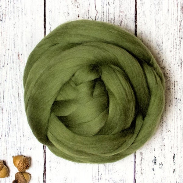 23 micron Ethical Merino Wool Roving 4oz Top Fiber, Nuno Wet and Needle Felting, Spinning Tapestry Weaving, Non-mulesed sheep, green, Olive