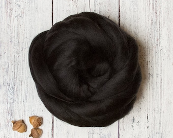 Ethical Merino Combed Wool Top Roving Fiber 4 oz, 23 micron, for Felting, Nuno, Weaving, Spinning, from Non-mulesed sheep, Black Charcoal
