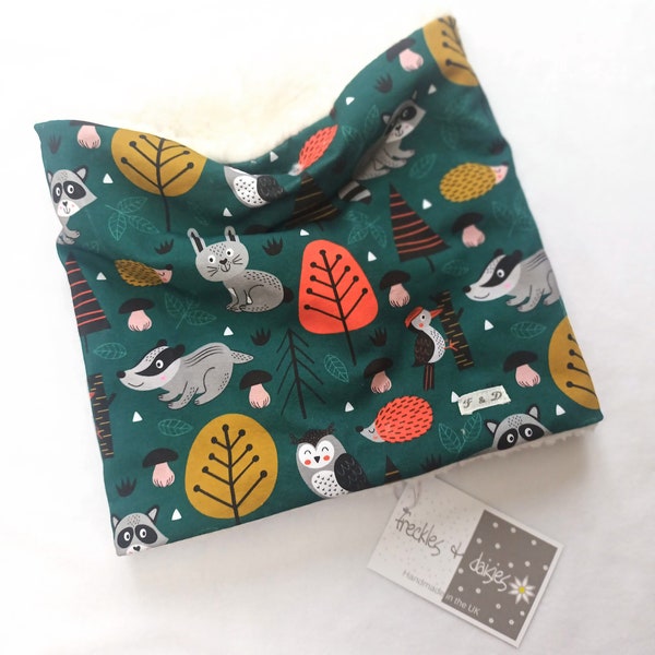 Forest Friends Green Snood, Childrens Jersey Snood, Neck Warmer, Warm Scarf, Fleece Lining, Boy Snood, Girl Snood, Kids Face Covering,