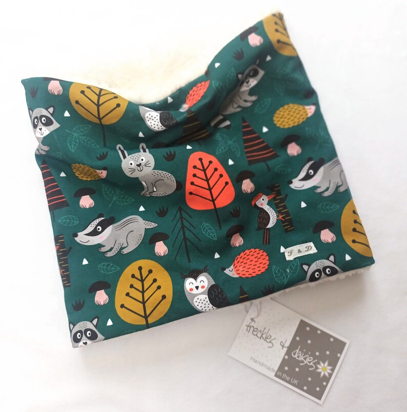 Forest Friends Green Snood, Childrens Jersey Snood, Neck Warmer, Warm Scarf, Fleece Lining, Boy Snood, Girl Snood, Kids Face Covering, image 1