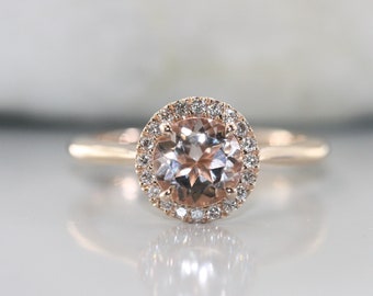 Balance Round Morganite and Halo Diamond Engagement Ring in 14K Rose Gold