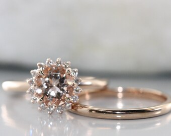 For Love Crown Design Round Morganite and Diamond Halo Engagement Ring and Simple Wedding Band Bridal Set