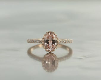 Oval Morganite and Conflict Free Diamond Engagement Ring  in 14k Rose Gold, Diamond Eternity Shank