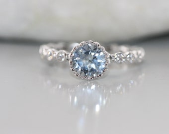 Bezel Diamond and Aquamarine Engagement Ring in 14K White Gold