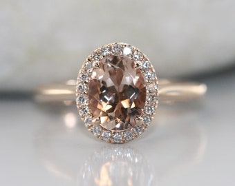 Balance Conflict Free VS Diamond and Oval Morganite Halo Engagement Ring in 14K Rose Gold