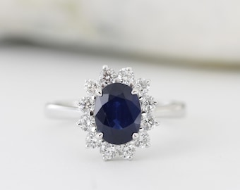 Blue Sapphire Engagement Ring, 14K White Gold, Oval Lab Grown Sapphire, Diamond Halo, Princess Diana Inspired, September Birthstone