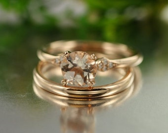 Unity VS Diamond and Morganite Set in 14k Rose Gold Engagement Ring and Wedding Band Ring Bridal Set