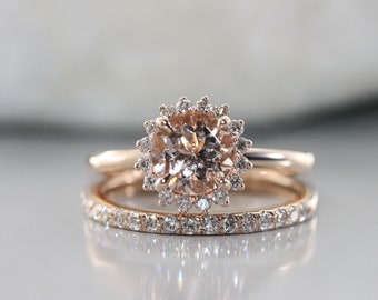 Morganite Diamond Halo Engagement Ring Set, 14K Rose Gold Bridal Rings