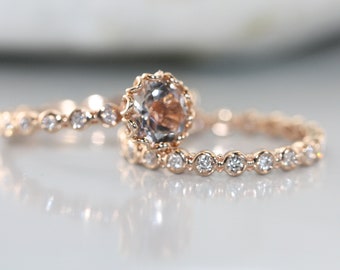 Essence of Love Diamond and Round Morganite Set in 14K Rose Gold and Diamond Eternity Wedding Bridal Set