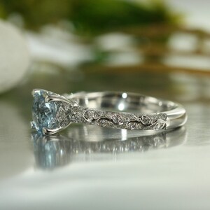 Leaf Ring Aquamarine and Diamond Nature 14K White Gold Engagement Anniversary Ring