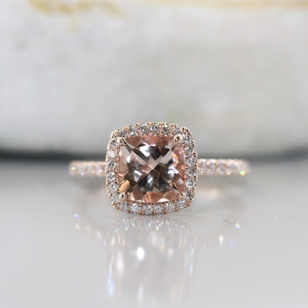 Princess Cut Morganite and Diamond HaloEngagement Ring in 14K Rose Gold