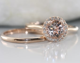 Gold Wedding Band and  Morganite Halo Diamond Engagement Ring Bridal Wedding Set