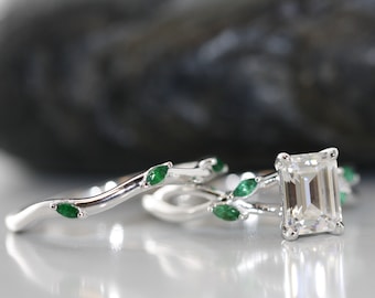 Emerald Cut Diamond Bridal Ring Set in 14k White Gold Nature Inspired