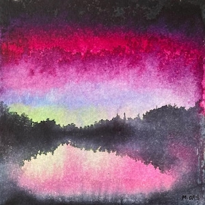 peinture originale "Aurore boréale" paysage abstrait, encres, pigments et collage sur carton entoilé