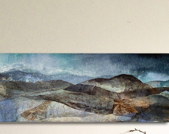 Original painting, ink and collage on canvas. Abstract mountain landscape.