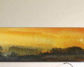 Original countryside landscape painting at sunrise, ink and collage on canvas.