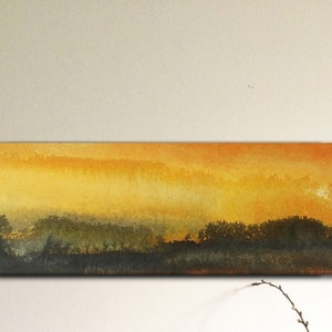 Peinture originale encres et collage sur carton entoilé, paysage de campagne abstrait
