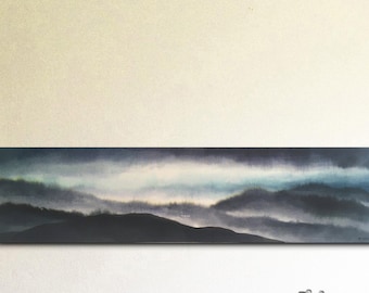 Original painting mountainscape in winter. Ink on canvas, contemporary art.