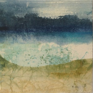 Paysage de lac abstrait, peinture originale encres et collage sur carton entoilé. Art contemporain.